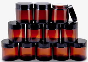 , 12, Amber, 4 Oz, round Glass Jars, with Inner Liners and Black Lids