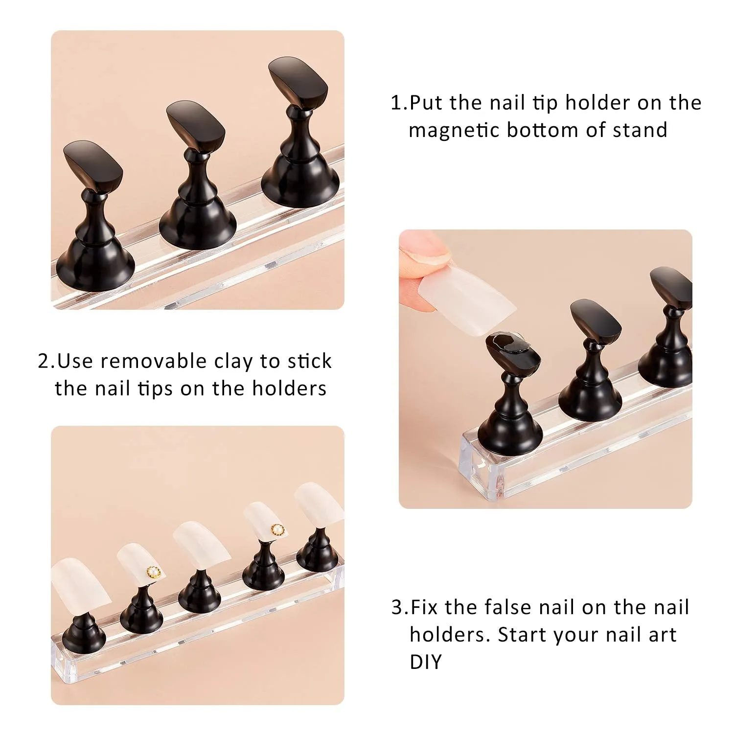 2 Sets Acrylic Nail Display Stand Magnetic Press on Nails Practice Holder Stand DIY Painting Fingernail Stand for False Fingernail Manicure Tool Home Salon Use(Black)