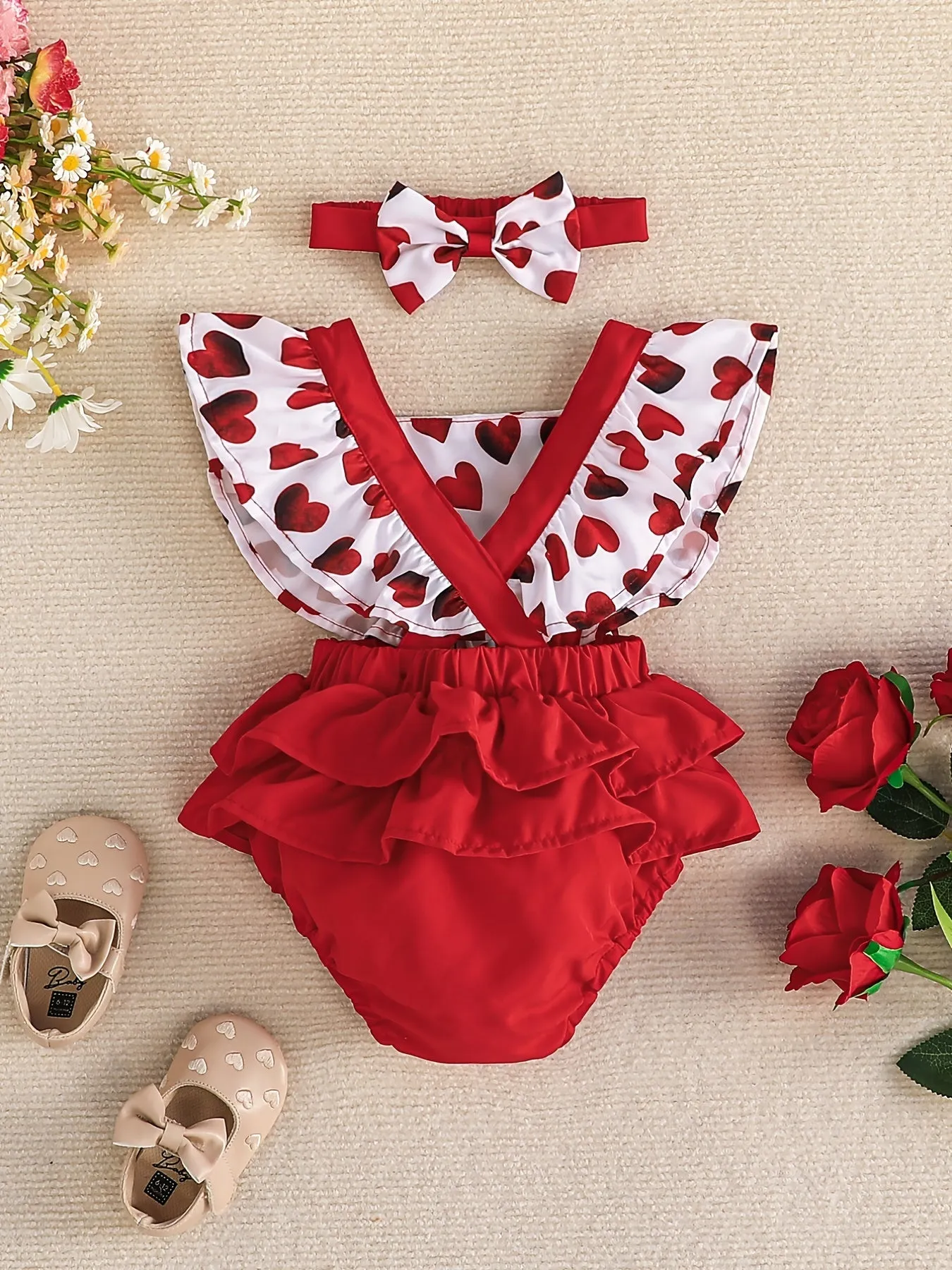 2PCS Newborn Infant Heart Print Dress Set for Baby Girls