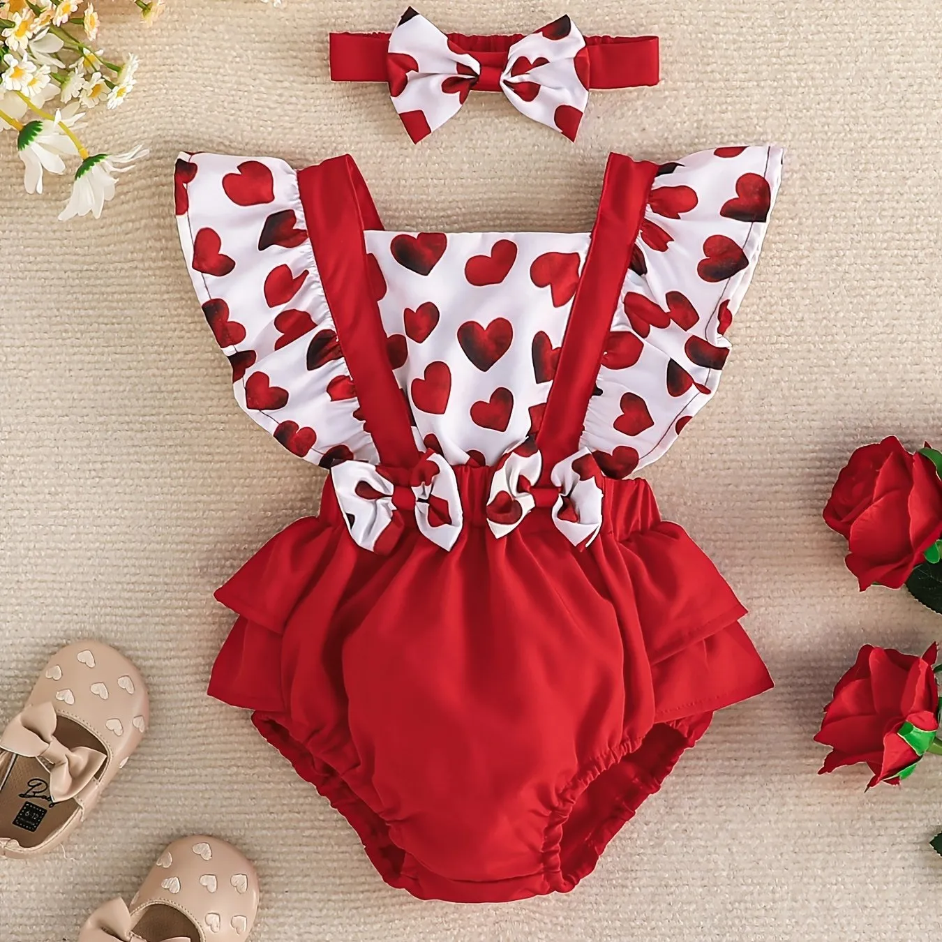2PCS Newborn Infant Heart Print Dress Set for Baby Girls
