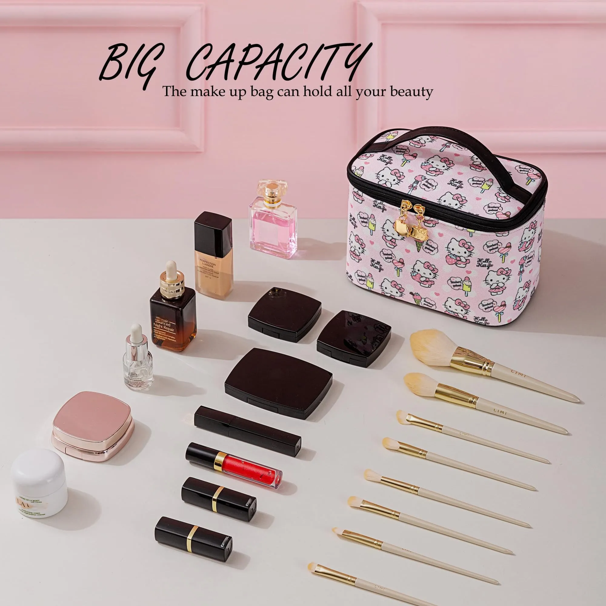 AmBealla Cosmetic Bag Large Makeup Bag Pink Makeup Travel Case with Brush Holder, Canvas Organizer for Women, Toiletry Bag for Skincare & Beauty Tools Sweet Cute for Girls