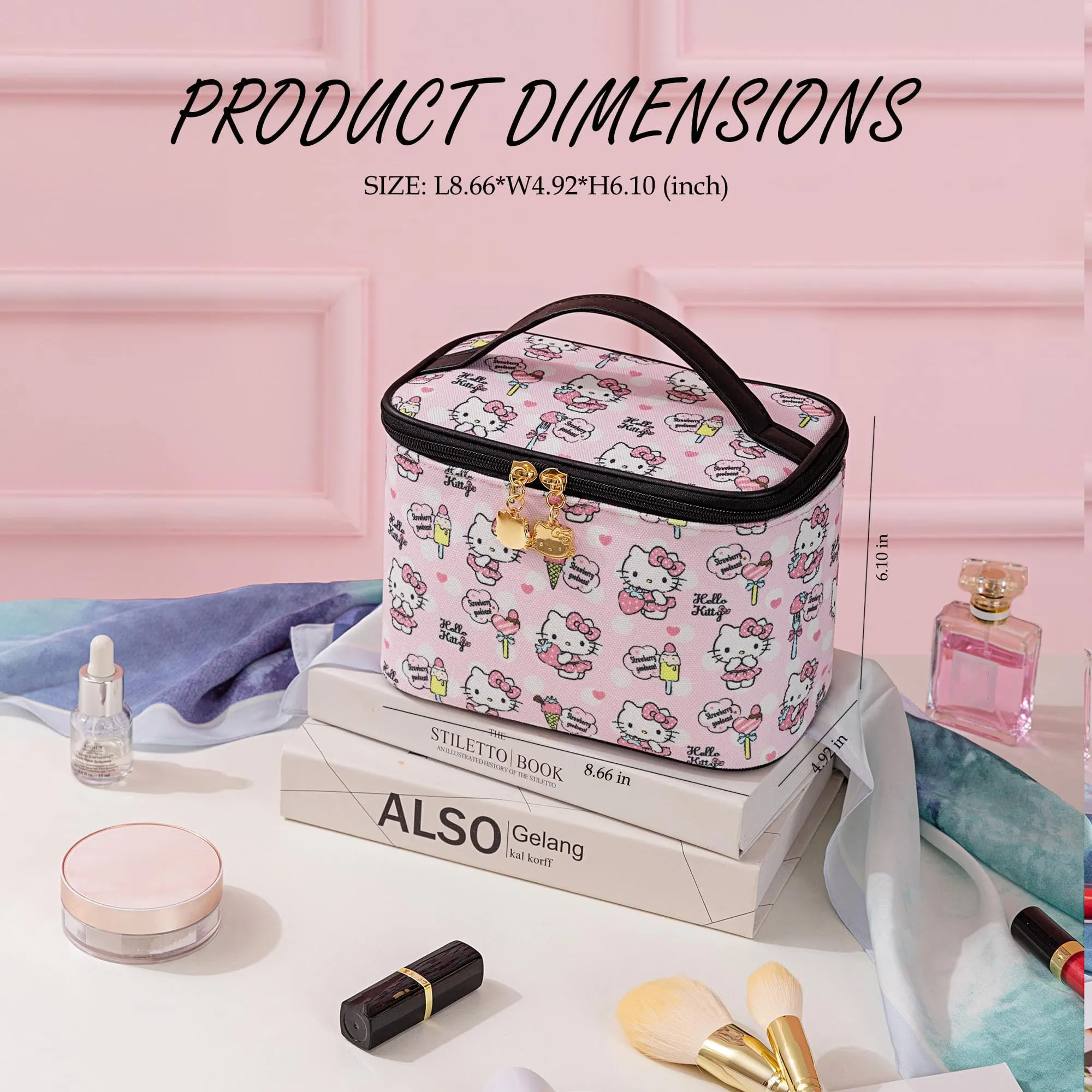 AmBealla Cosmetic Bag Large Makeup Bag Pink Makeup Travel Case with Brush Holder, Canvas Organizer for Women, Toiletry Bag for Skincare & Beauty Tools Sweet Cute for Girls