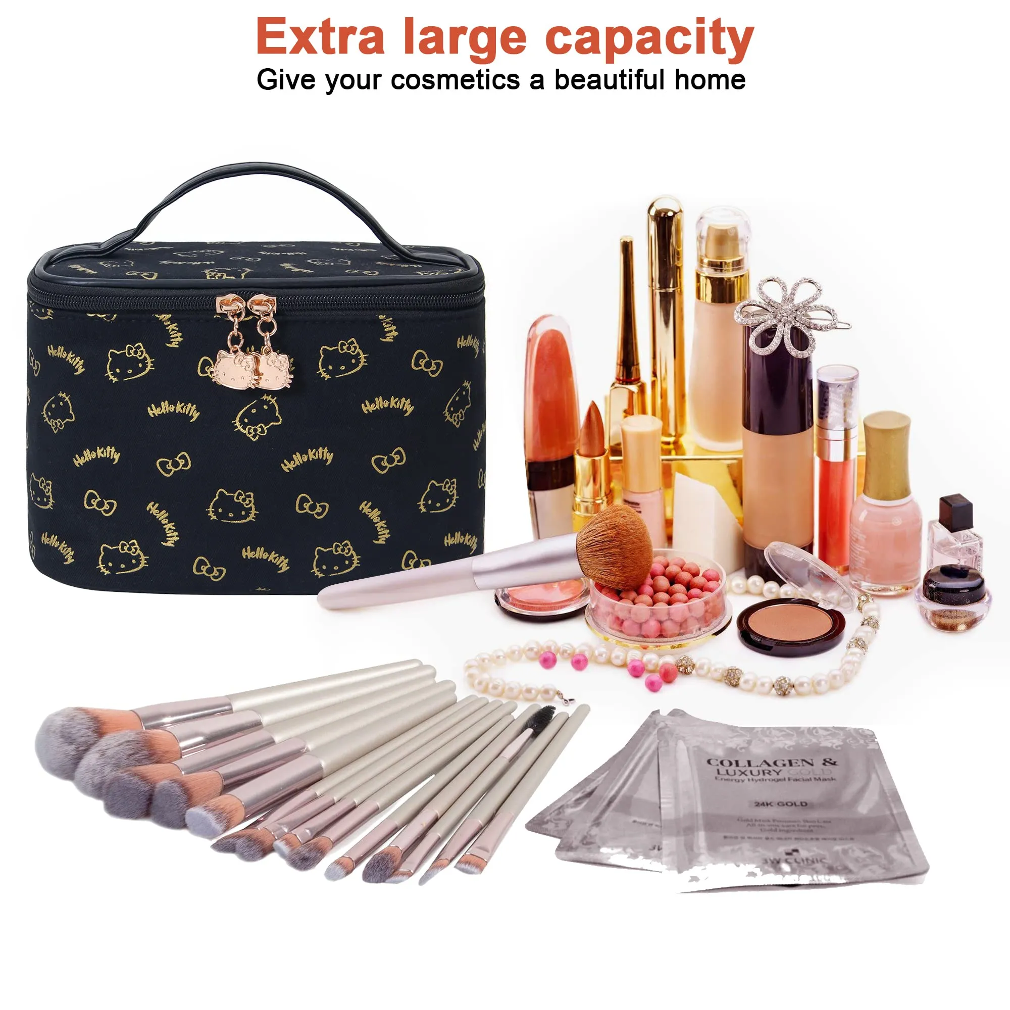 AmBealla Make up Bag Travel Cosmetic Bags Brush Holder Zipper Pouch Case Organizer Cute Organizer Suitable for Purse for Women (Black Bucket Bag)