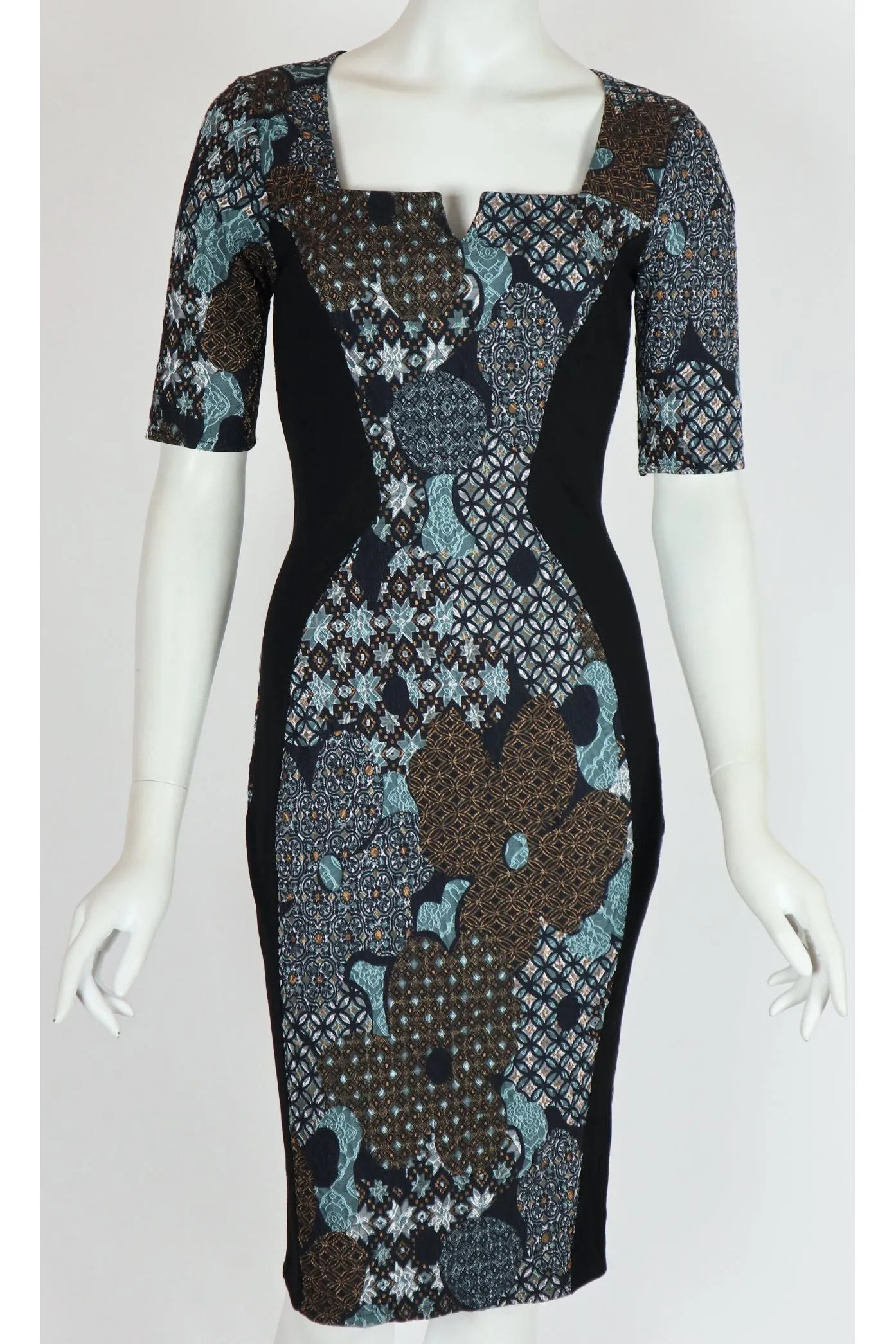 ARABESQUE Printed Jacquard Color Blocking Fitted Knee Length Dress