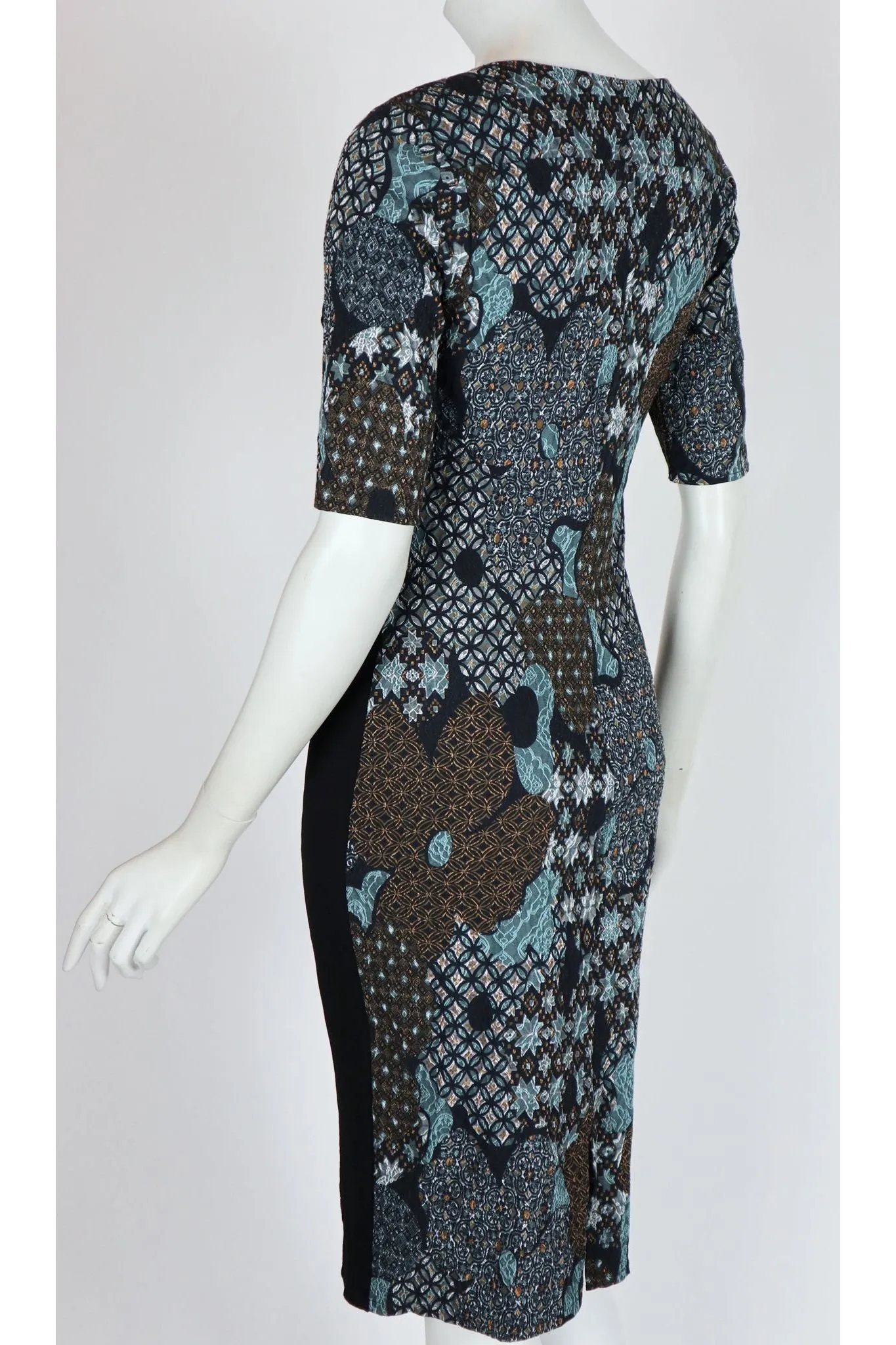 ARABESQUE Printed Jacquard Color Blocking Fitted Knee Length Dress