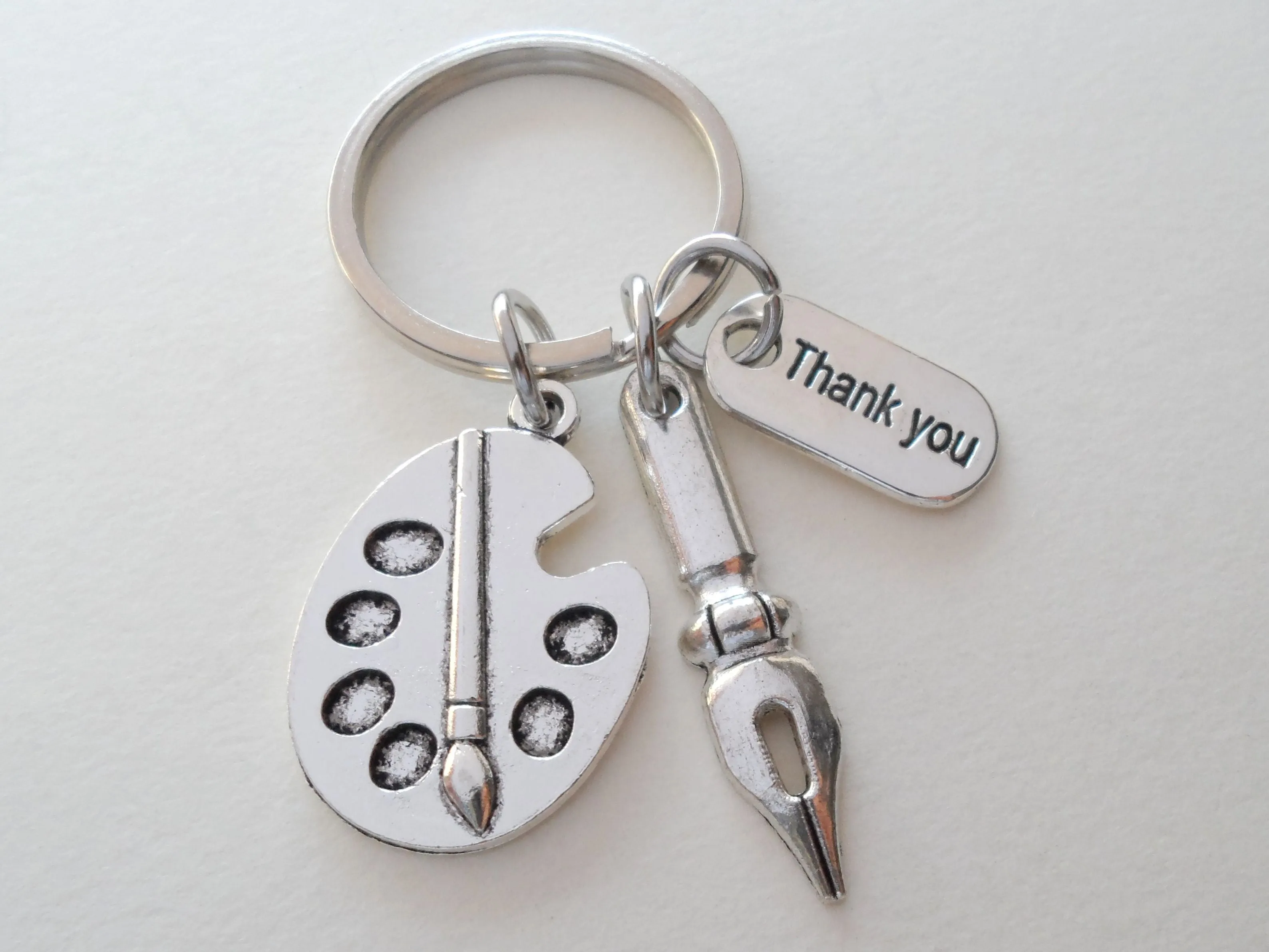 Art Palette Charm Keychain with Calligraphy Pen Charm, & "Thank You" Tag Charm, Art Teacher Keychain