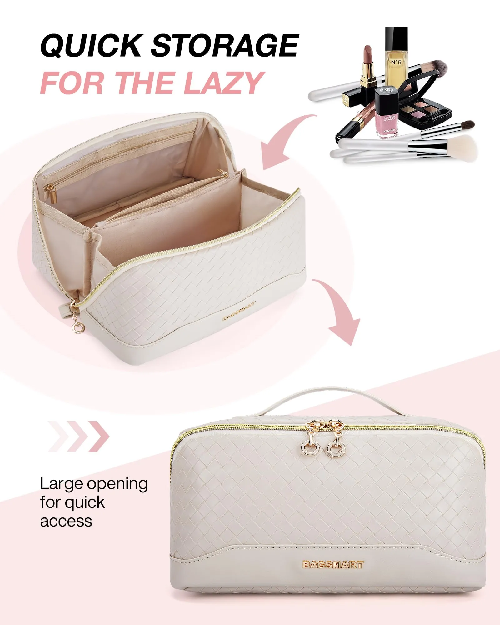 BAGSMART Makeup Bag Cosmetic Bag, Travel Toiletry Bag, PU leather Makeup Bags for Women Portable Water-resistent Pouch Open Flat Make Up Organizer Bag for Toiletries, Brushes Leather Beige