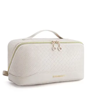 BAGSMART Makeup Bag Cosmetic Bag, Travel Toiletry Bag, PU leather Makeup Bags for Women Portable Water-resistent Pouch Open Flat Make Up Organizer Bag for Toiletries, Brushes Leather Beige