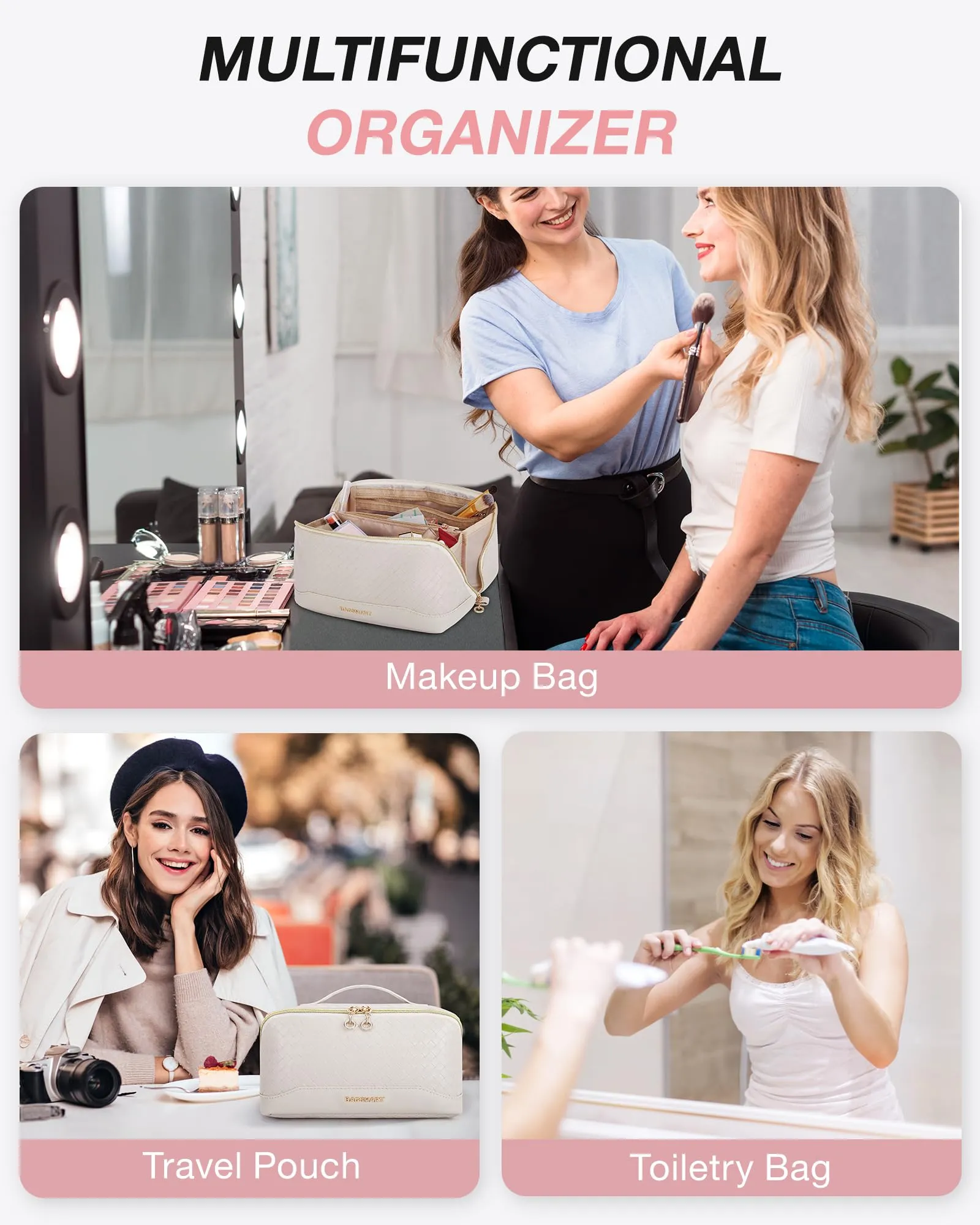 BAGSMART Makeup Bag Cosmetic Bag, Travel Toiletry Bag, PU leather Makeup Bags for Women Portable Water-resistent Pouch Open Flat Make Up Organizer Bag for Toiletries, Brushes Leather Beige