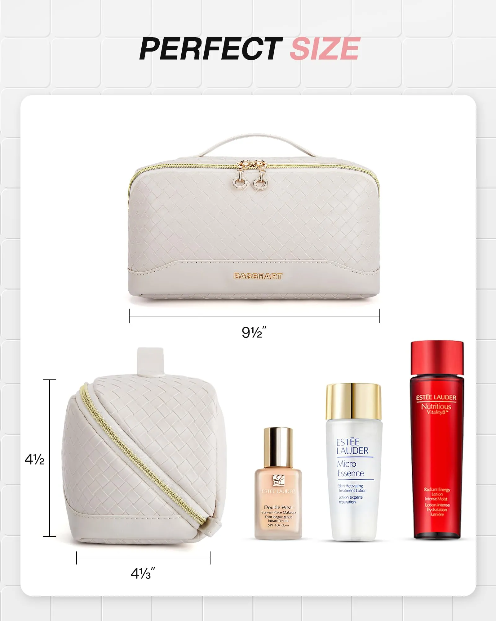 BAGSMART Makeup Bag Cosmetic Bag, Travel Toiletry Bag, PU leather Makeup Bags for Women Portable Water-resistent Pouch Open Flat Make Up Organizer Bag for Toiletries, Brushes Leather Beige
