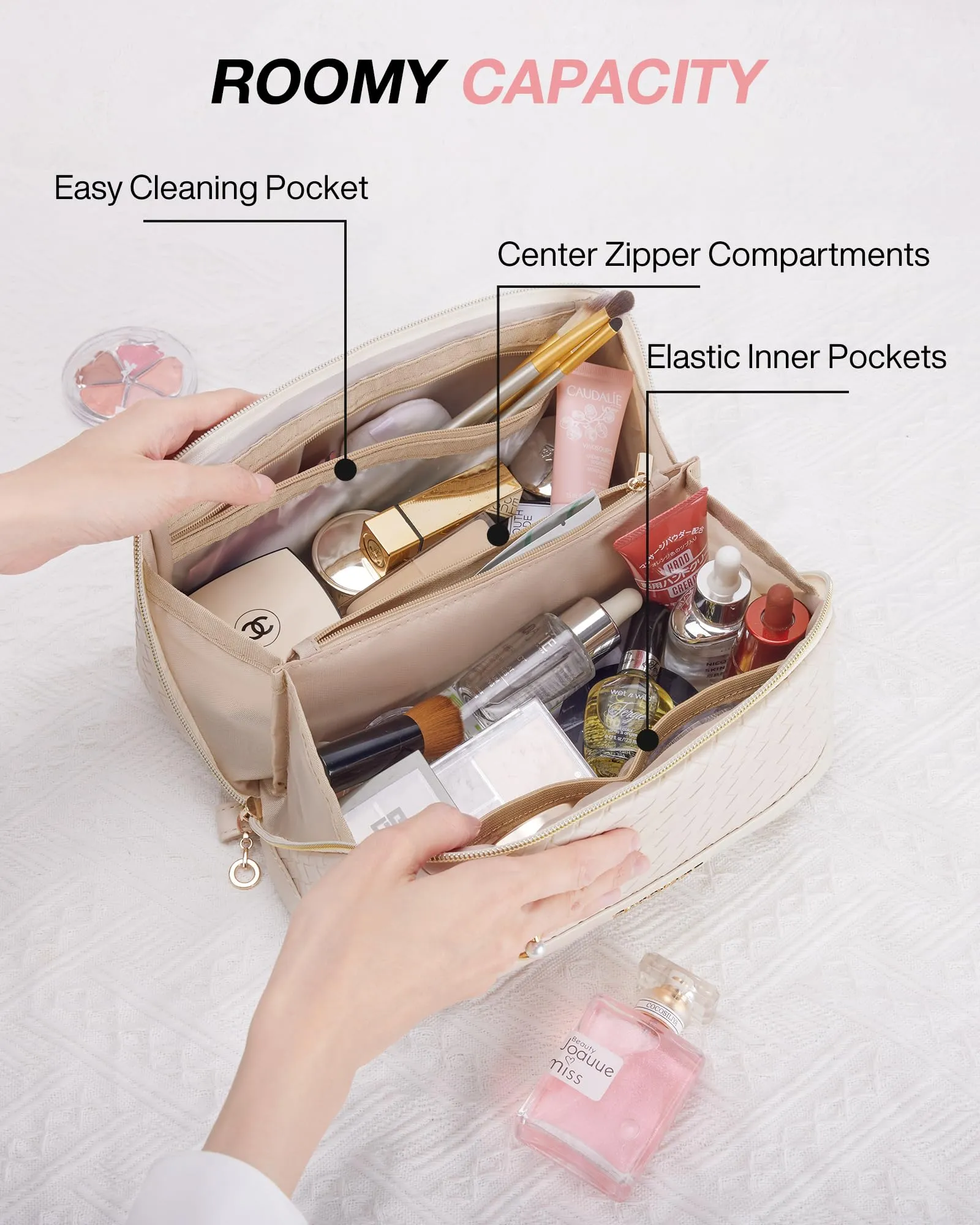 BAGSMART Makeup Bag Cosmetic Bag, Travel Toiletry Bag, PU leather Makeup Bags for Women Portable Water-resistent Pouch Open Flat Make Up Organizer Bag for Toiletries, Brushes Leather Beige