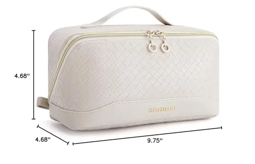 BAGSMART Makeup Bag Cosmetic Bag, Travel Toiletry Bag, PU leather Makeup Bags for Women Portable Water-resistent Pouch Open Flat Make Up Organizer Bag for Toiletries, Brushes Leather Beige
