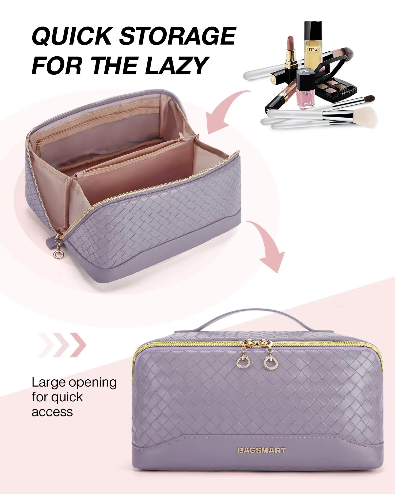 BAGSMART Makeup Bag, Travel Cosmetic Bag Organizer, PU Leather Water-Resistant Pouch, Open Flat Makeup Storage for Toiletries, Brushes, PU Leather Purple