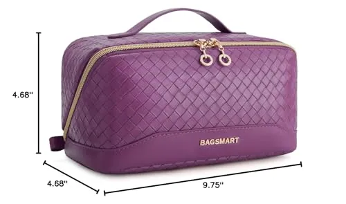 BAGSMART Makeup Bag, Travel Cosmetic Bag Organizer, PU Leather Water-Resistant Pouch, Open Flat Makeup Storage for Toiletries, Brushes, PU Leather Purple