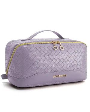 BAGSMART Makeup Bag, Travel Cosmetic Bag Organizer, PU Leather Water-Resistant Pouch, Open Flat Makeup Storage for Toiletries, Brushes, PU Leather Purple