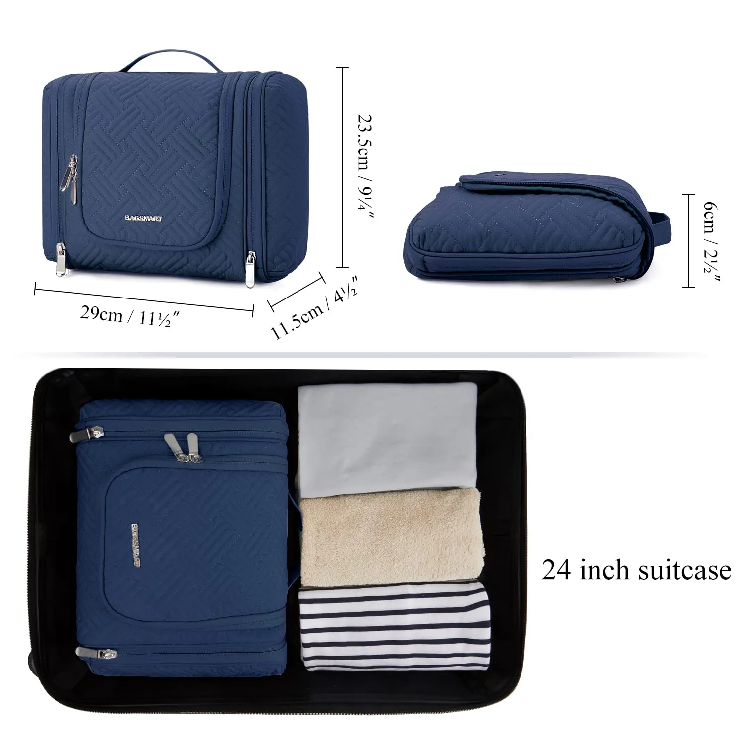 BAGSMART Travel Toiletry Bag for Women, Hanging Toiletry Bag with Hook, Travel Cosmetic Makeup Bag Travel Organizer for Accessories, Shampoo, Full Sized Container, Toiletries,Navy-Medium