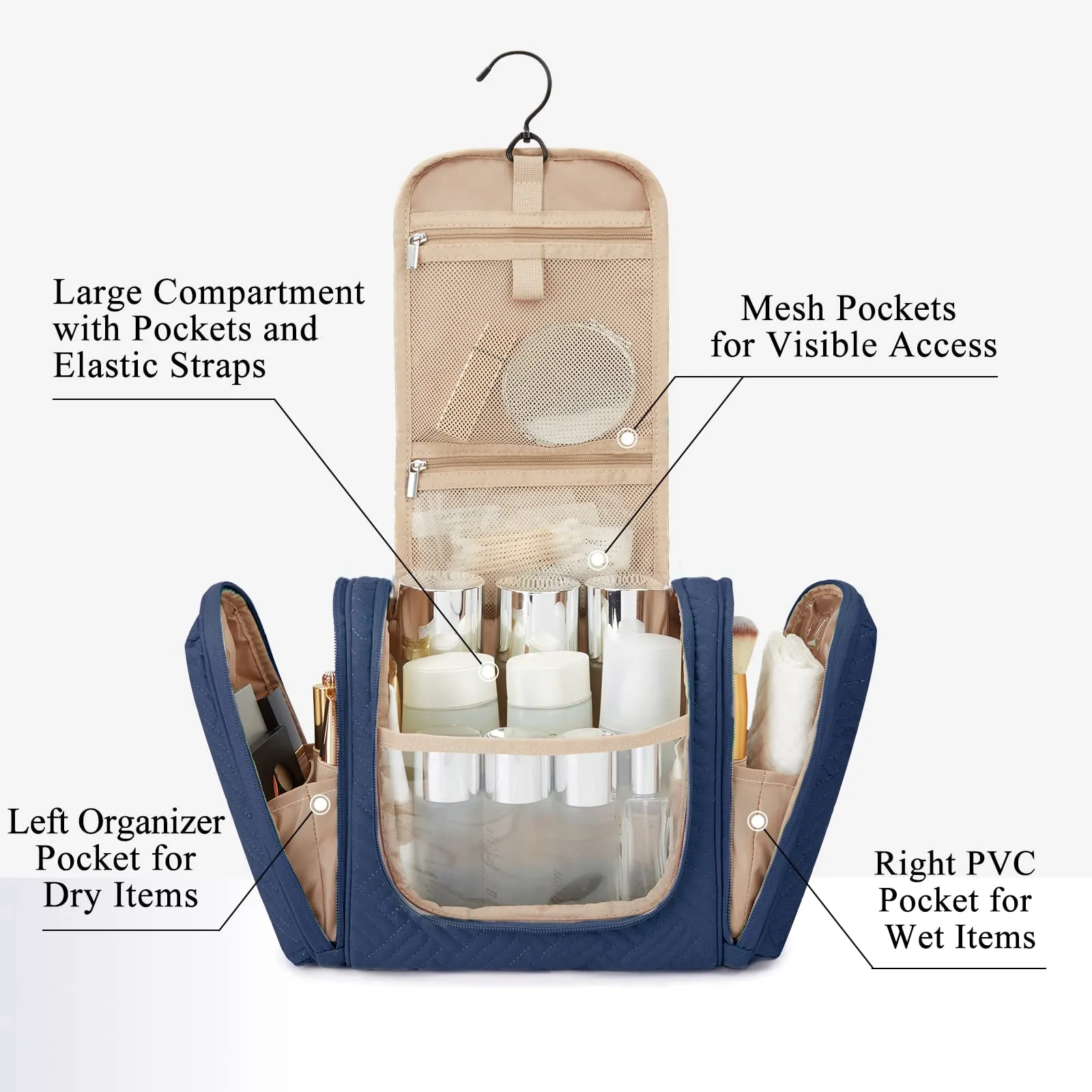 BAGSMART Travel Toiletry Bag for Women, Hanging Toiletry Bag with Hook, Travel Cosmetic Makeup Bag Travel Organizer for Accessories, Shampoo, Full Sized Container, Toiletries,Navy-Medium
