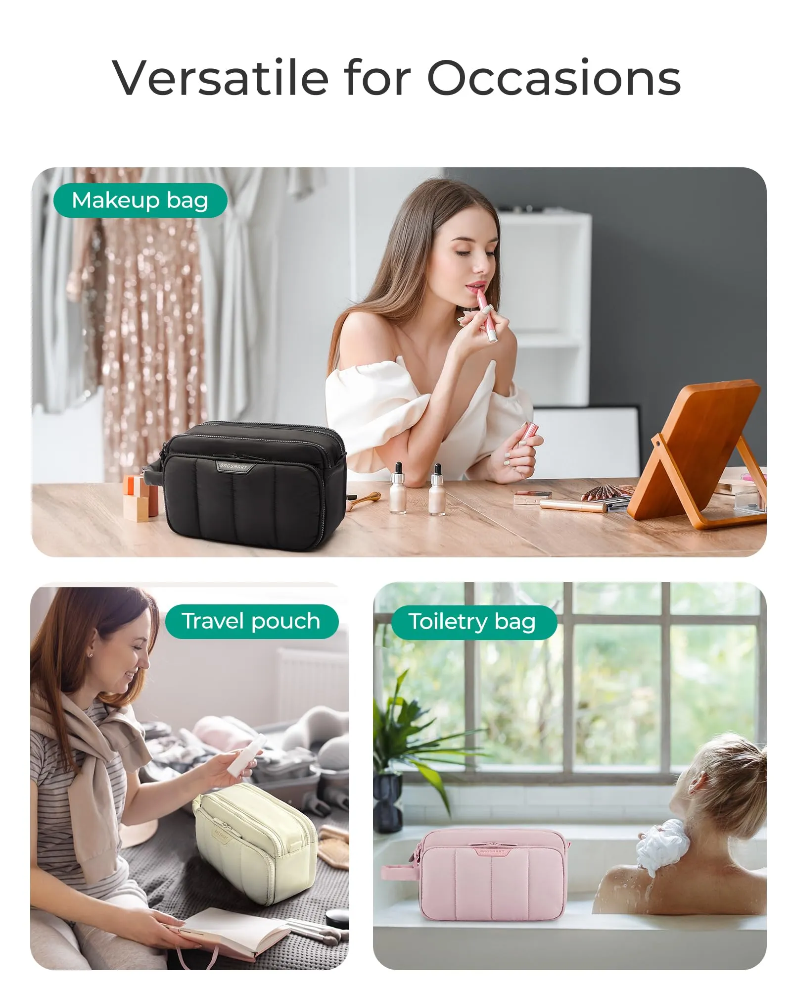 BAGSMART Travel Toiletry Bag for Women, Wide-open Makeup Bag Organizer, Puffy Make Up Case, Large Capacity Cosmetic Organizer for Women for Travel Essentials Toiletries Accessories Bottles(Black)