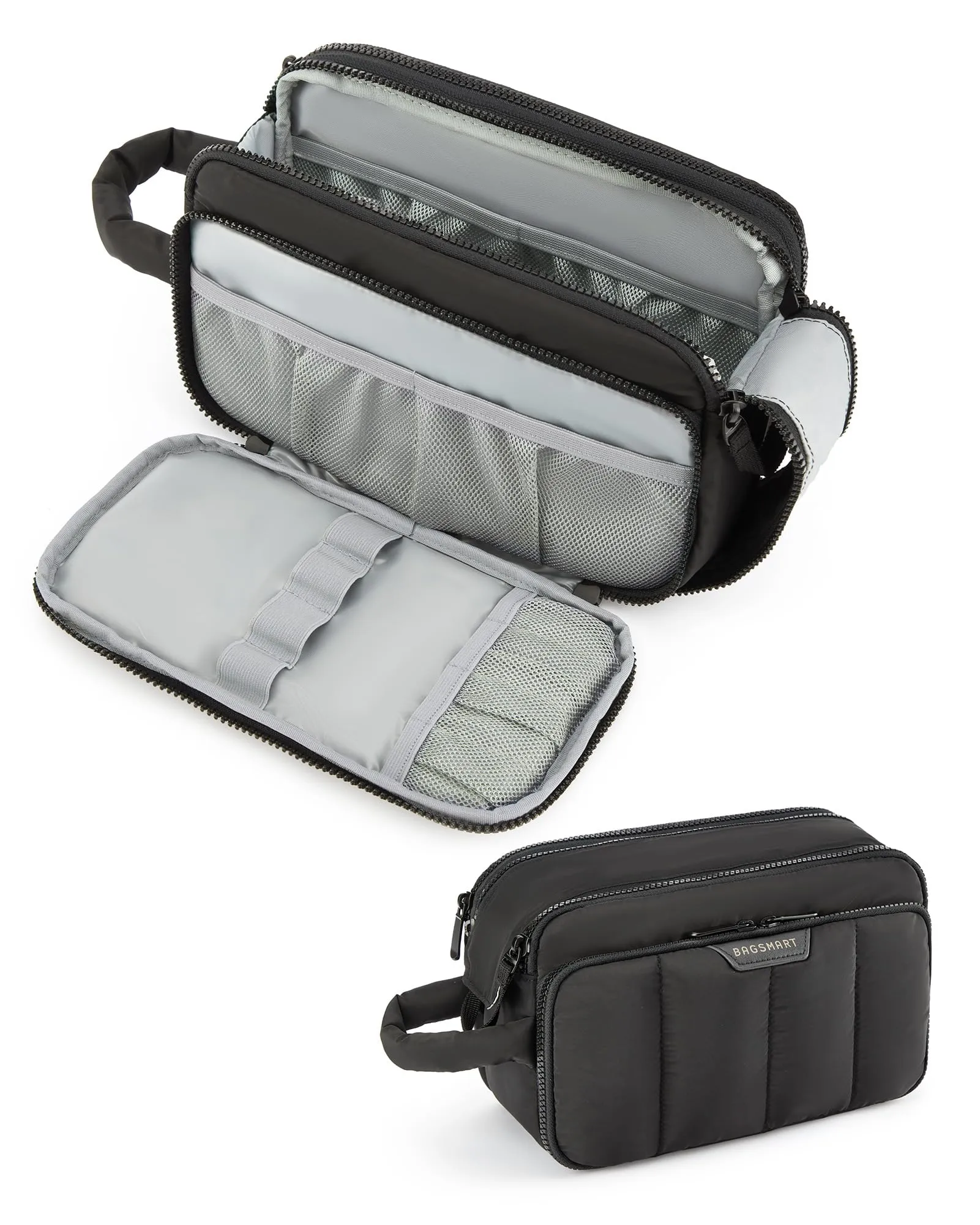 BAGSMART Travel Toiletry Bag for Women, Wide-open Makeup Bag Organizer, Puffy Make Up Case, Large Capacity Cosmetic Organizer for Women for Travel Essentials Toiletries Accessories Bottles(Black)
