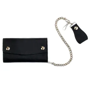 Black leather 7" checkbook biker wallet w/ chain