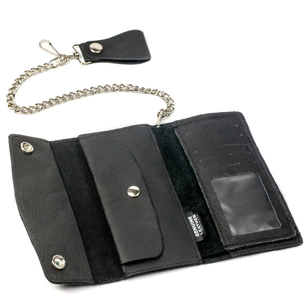 Black leather 7" checkbook biker wallet w/ chain