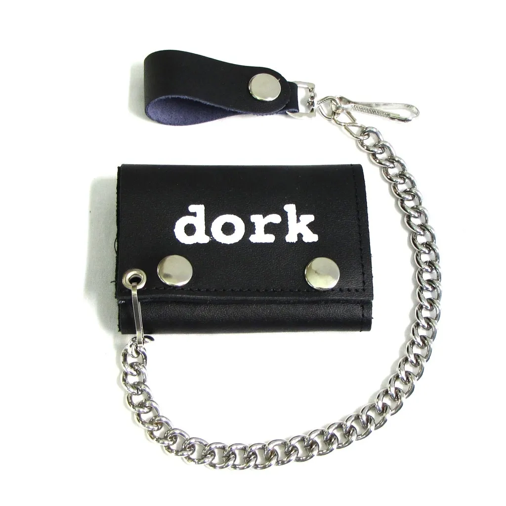 Black leather wallet w/ white "dork" text on front and detachable chain