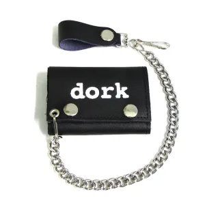 Black leather wallet w/ white "dork" text on front and detachable chain