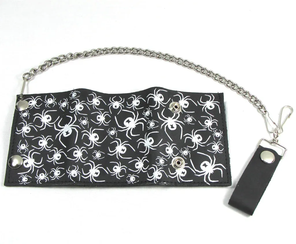 Black leather wallet w/ white spiders and detachable chain