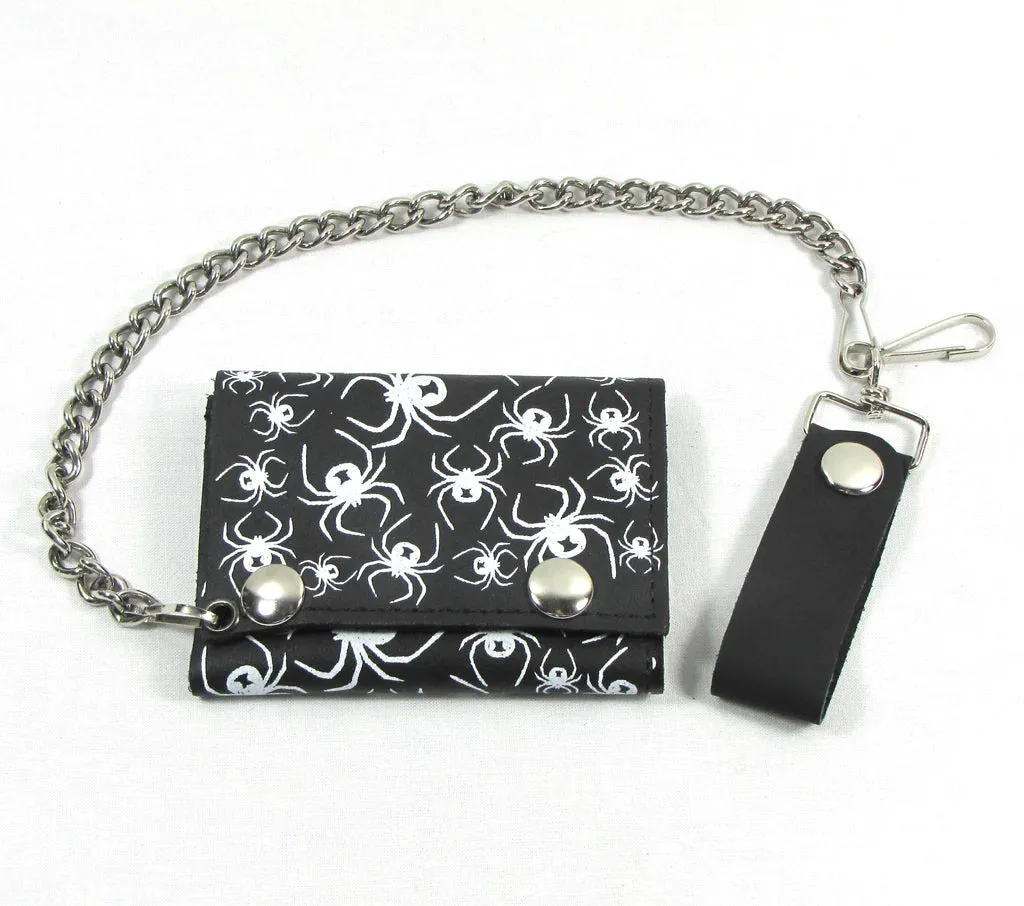 Black leather wallet w/ white spiders and detachable chain