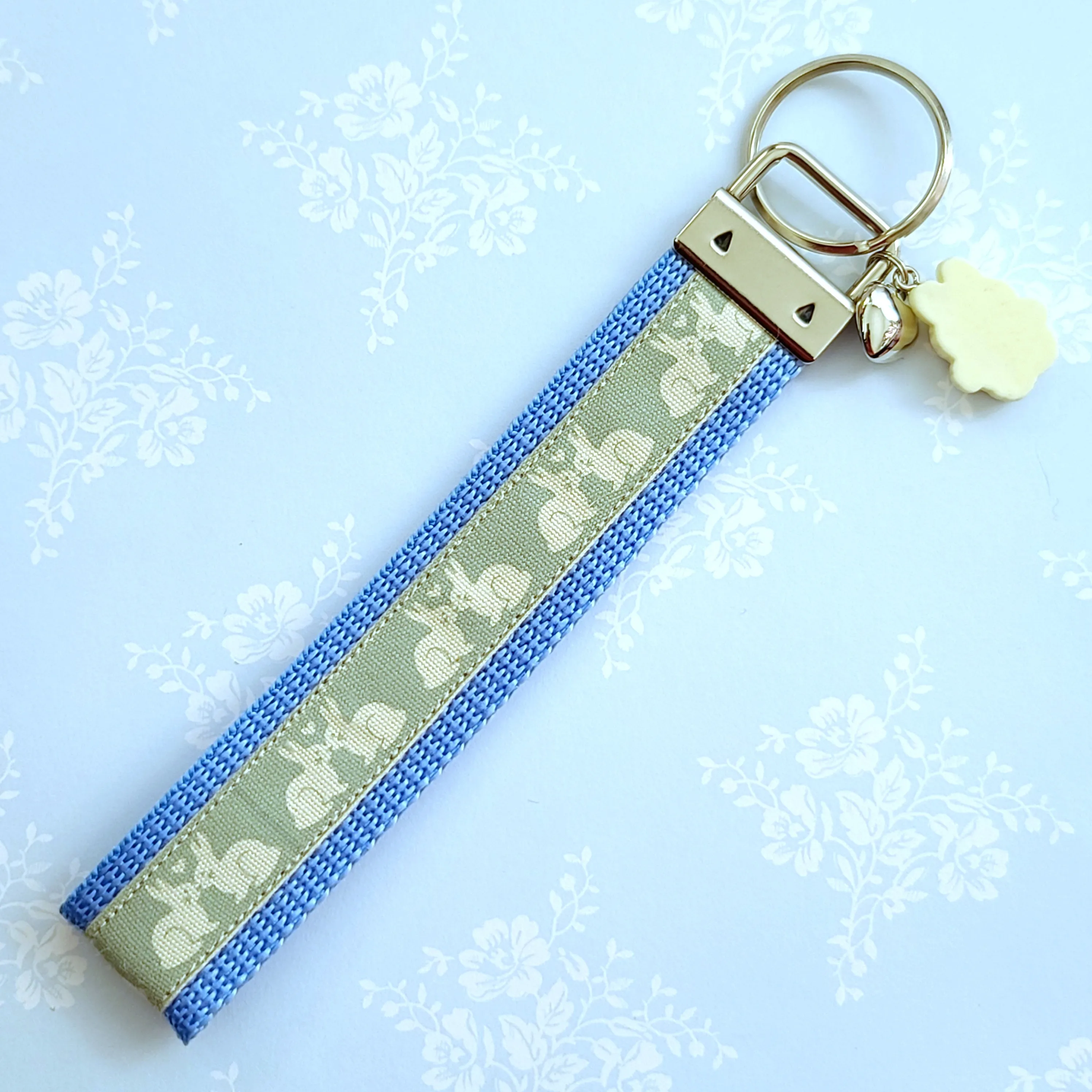 Bunnies In Love on Blue Keychain Fob with Cute Bunny Charm