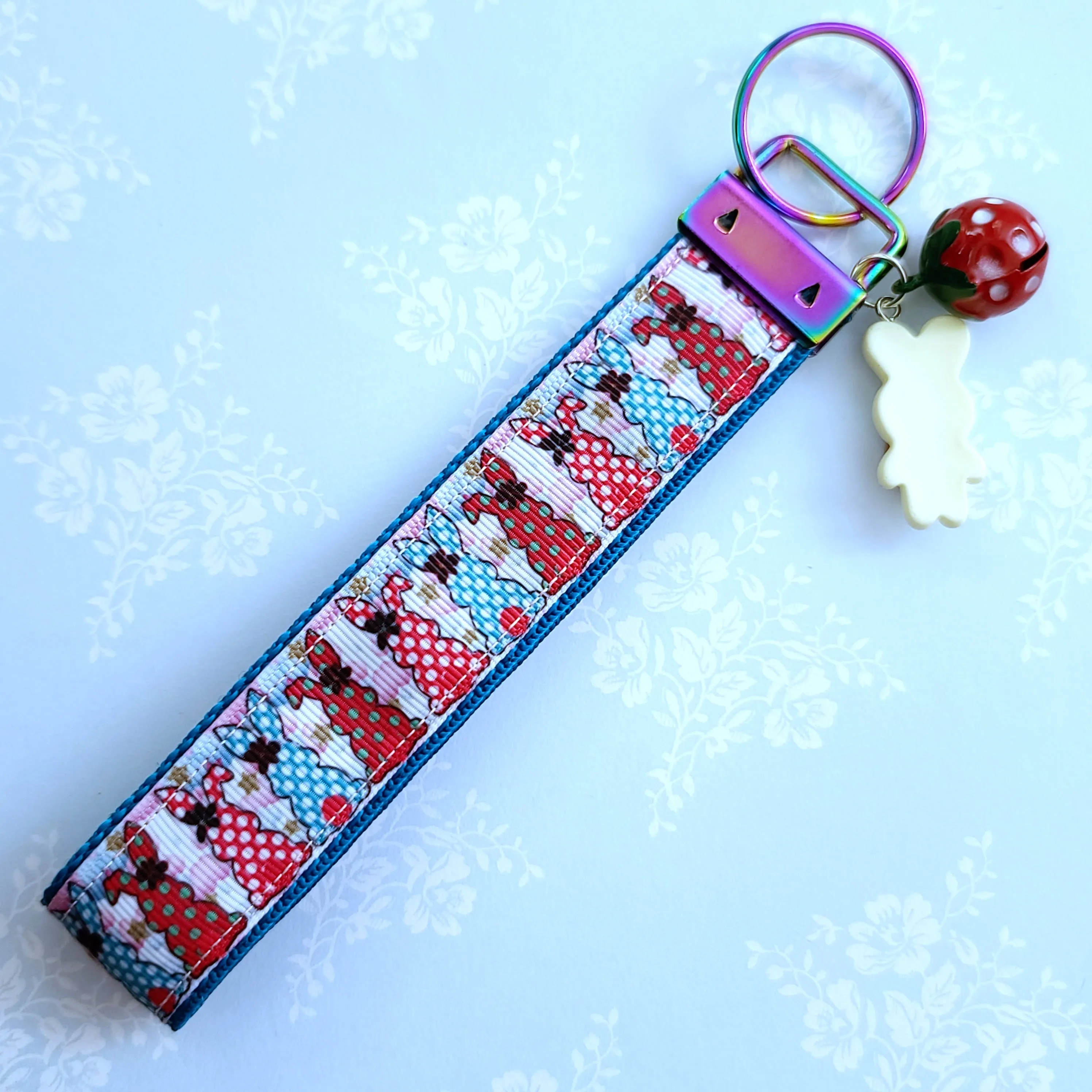 Bunnies with Bows Stars and Polka Dots Key Chain Fob your choice of hardware color