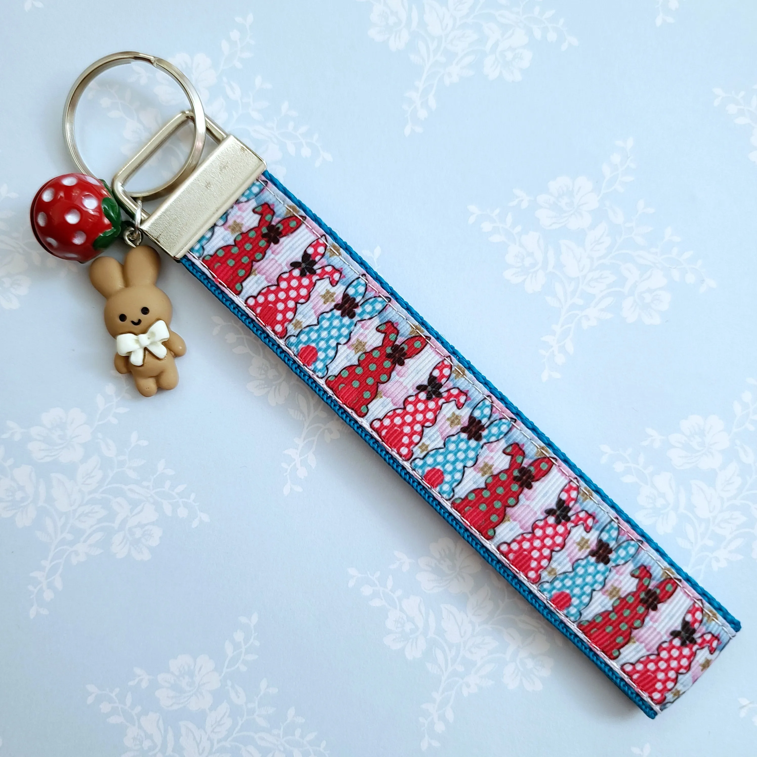 Bunnies with Bows Stars and Polka Dots Key Chain Fob your choice of hardware color
