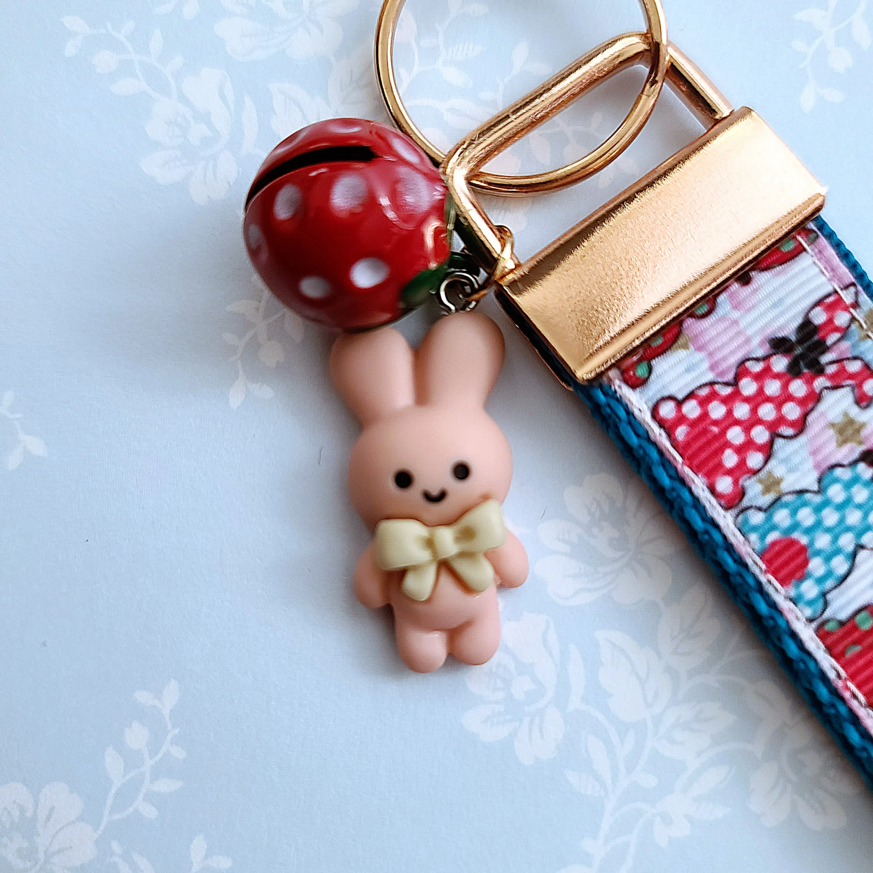Bunnies with Bows Stars and Polka Dots Key Chain Fob your choice of hardware color