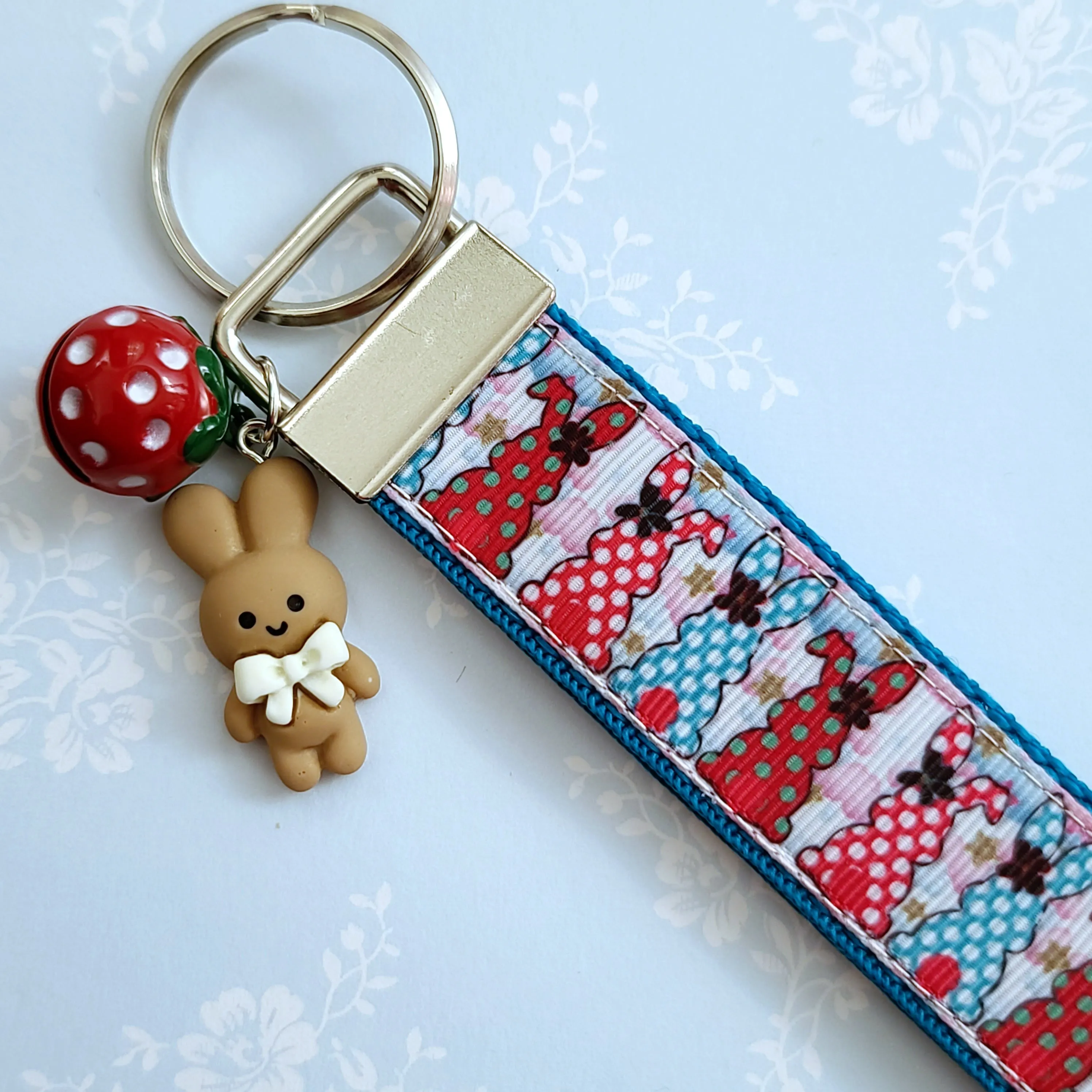 Bunnies with Bows Stars and Polka Dots Key Chain Fob your choice of hardware color