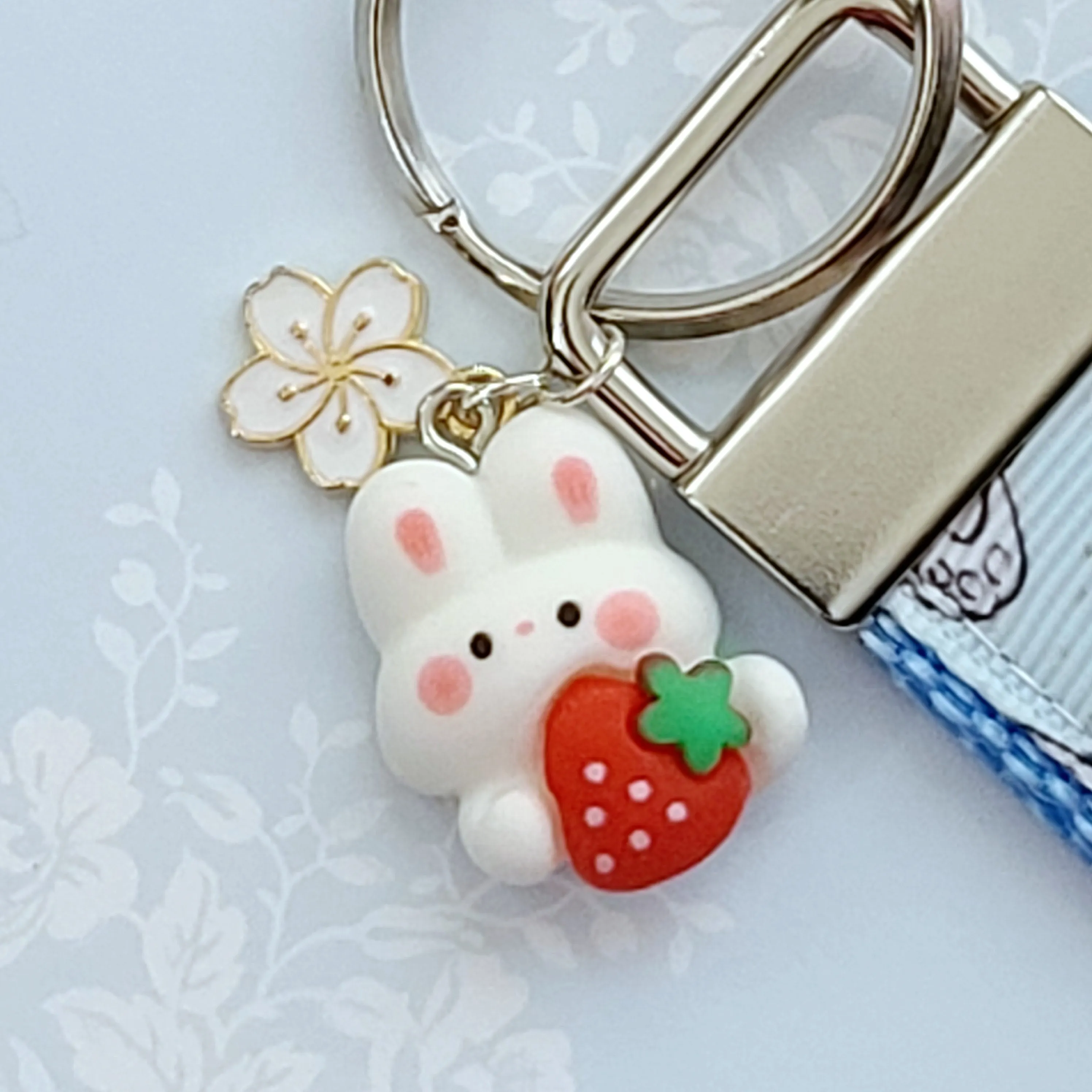Bunny Butt Key Fob Keychain with Strawberry Bunny Charm
