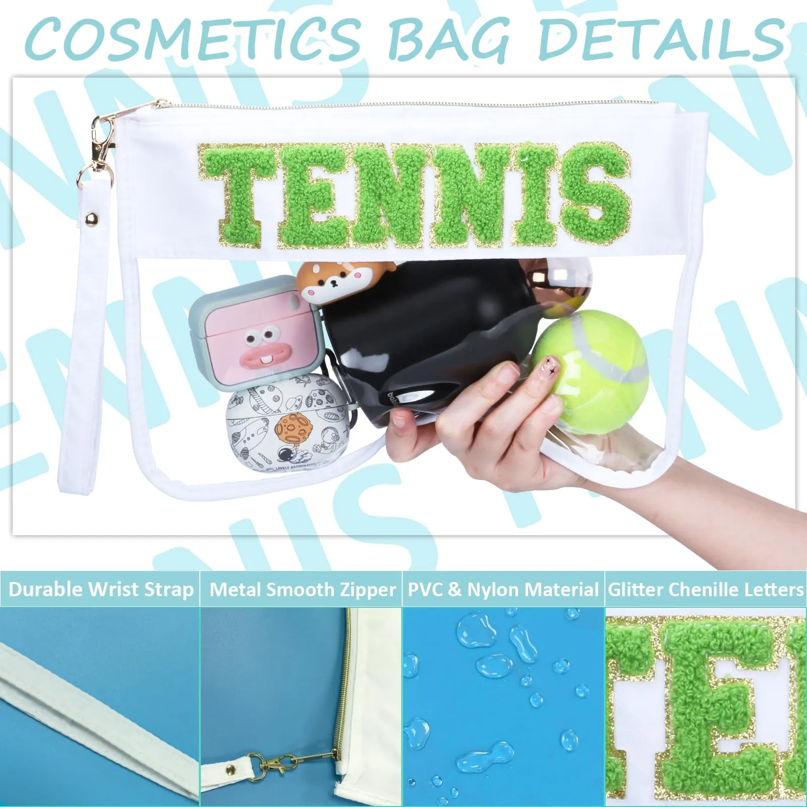 BuyCard 2 Pcs Tennis Gifts Cosmetic Makeup Bag with Chenille Letter Patch, Clear Pouch PVC Organizer Purse, Waterproof Travel Bag, Portable Toiletry Storage Bag for Her Girls Friends Women