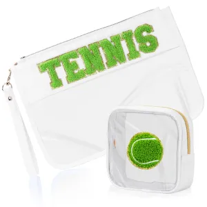 BuyCard 2 Pcs Tennis Gifts Cosmetic Makeup Bag with Chenille Letter Patch, Clear Pouch PVC Organizer Purse, Waterproof Travel Bag, Portable Toiletry Storage Bag for Her Girls Friends Women