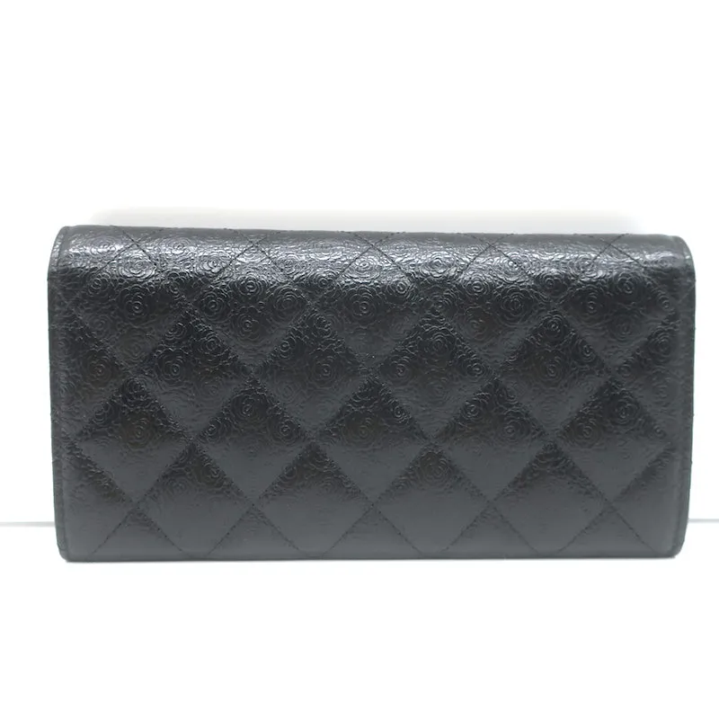 Chanel Camellia-Embossed Quilted Leather L Yen Continental Wallet Black