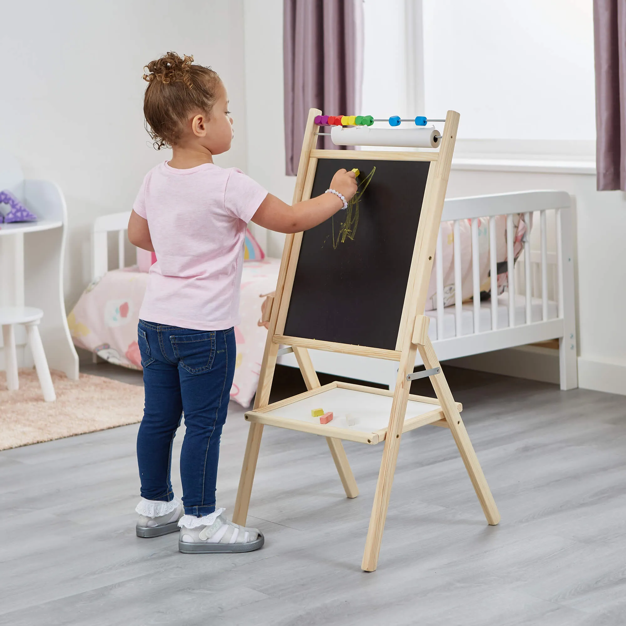 Childrens Wooden 4-in-1 Double Sided Easel | Paper Roll | Counting Beads| 35pc Accessories | 3 Years 