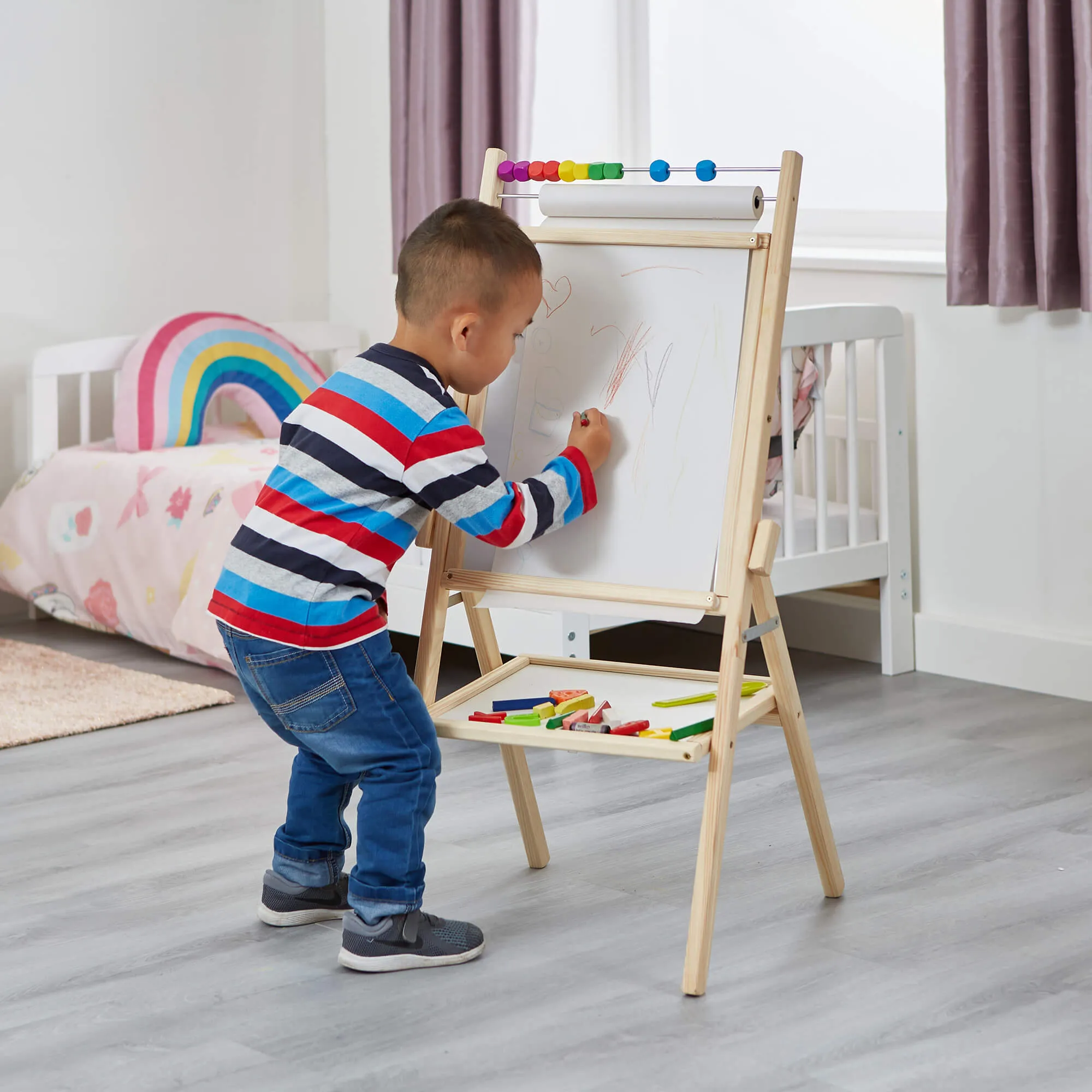 Childrens Wooden 4-in-1 Double Sided Easel | Paper Roll | Counting Beads| 35pc Accessories | 3 Years 