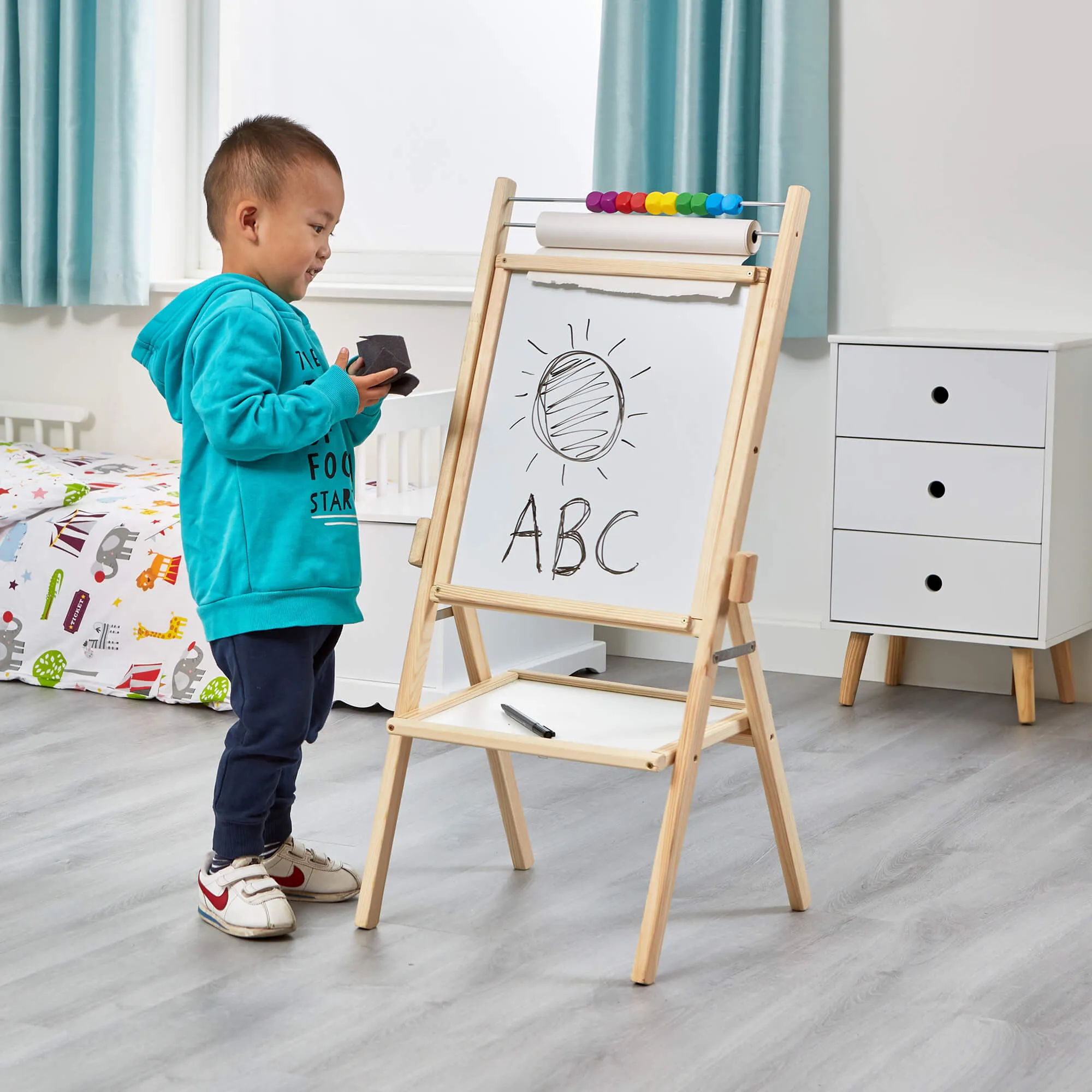 Childrens Wooden 4-in-1 Double Sided Easel | Paper Roll | Counting Beads| 35pc Accessories | 3 Years 
