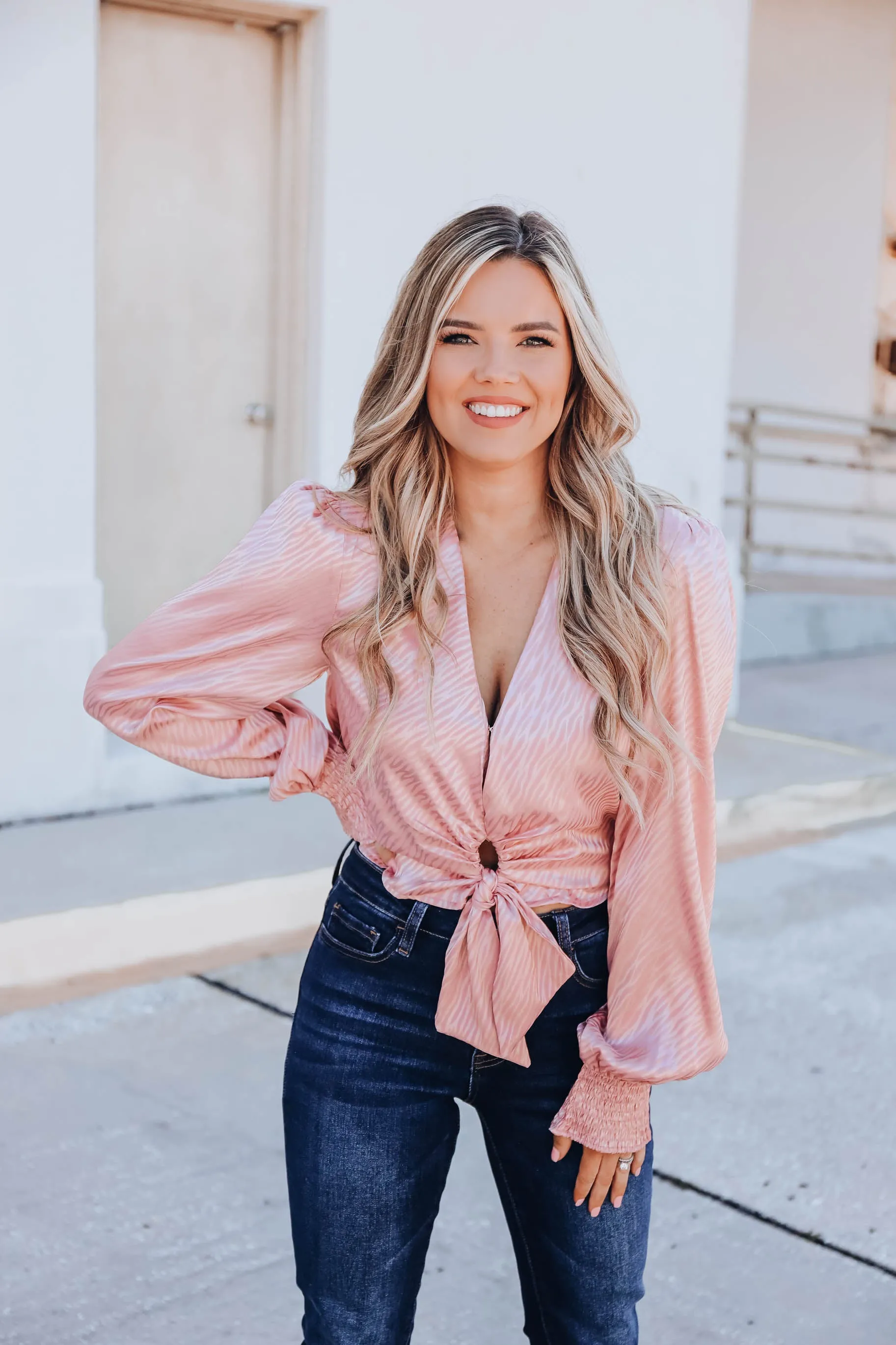 Clarissa Tie Front Crop Blouse - Blush