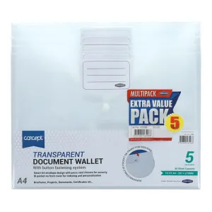 Concept - Packet of 5 A4 Button Wallets - Clear