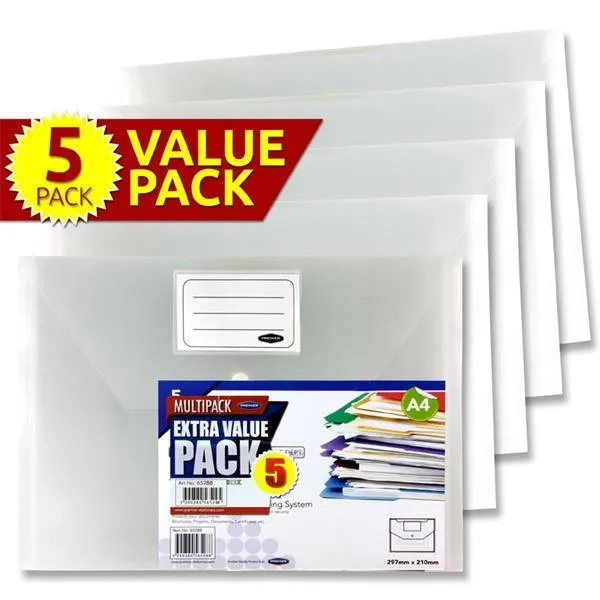 Concept - Packet of 5 A4 Button Wallets - Clear