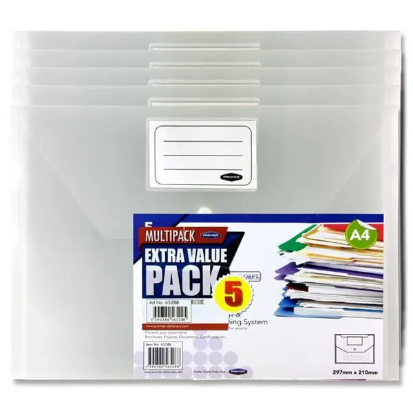 Concept - Packet of 5 A4 Button Wallets - Clear