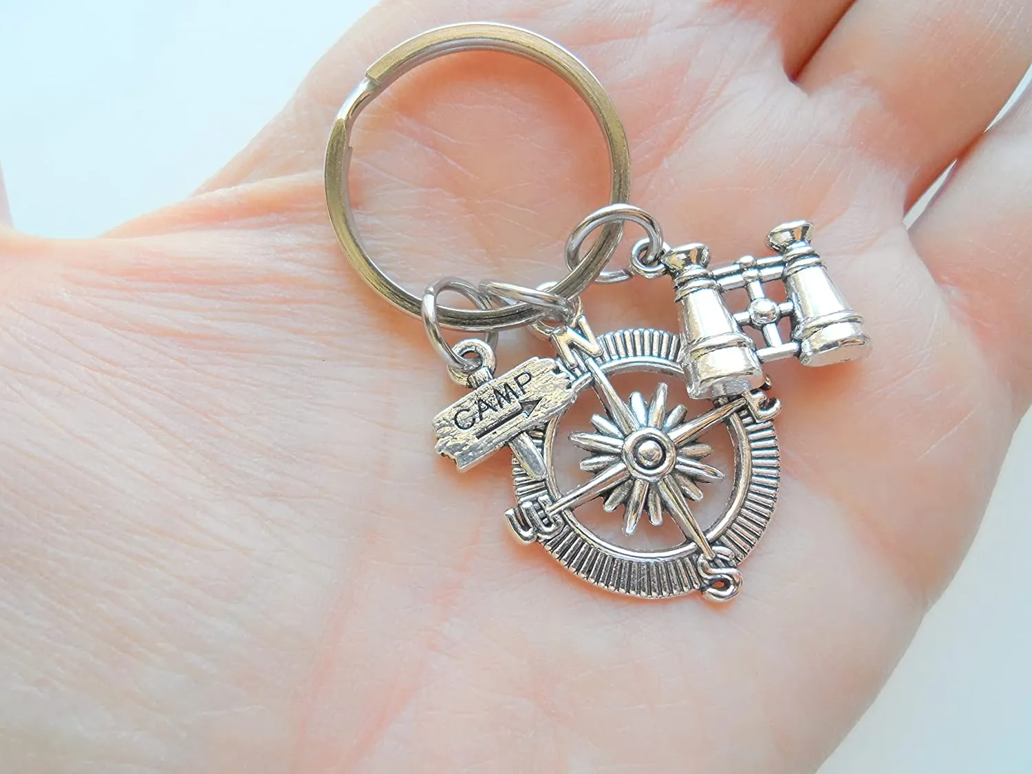 Custom Compass Charm Keychain with Binoculars Charm & Camp Sign Charm and Personalized Letter Charm, Summer Camp or Youth Camp Keychain