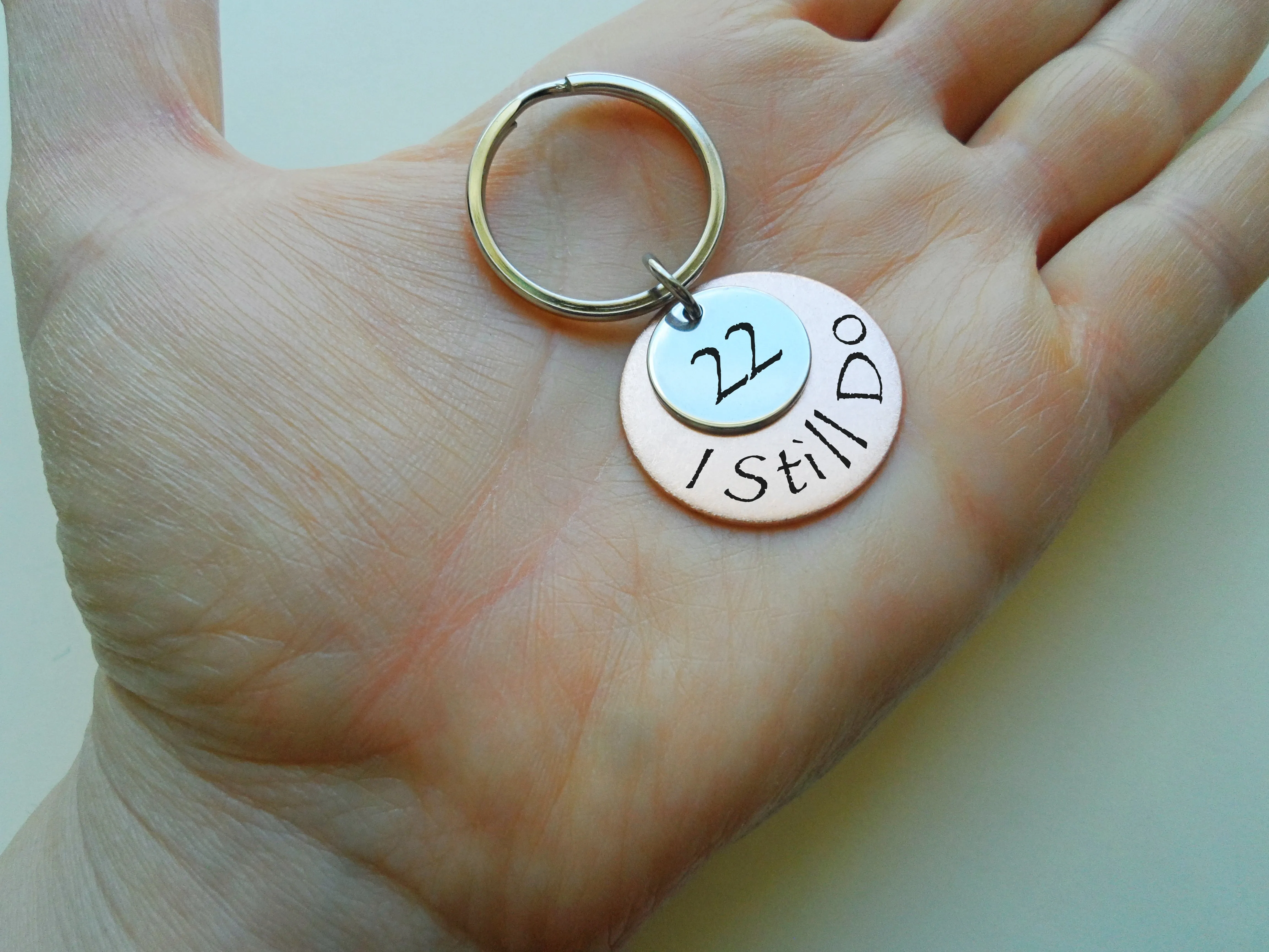 Custom Engraved Copper Disc with 22 Charm Keychain, 22 Year Anniversary Gift Keychain, Personalized Engraved Keychain