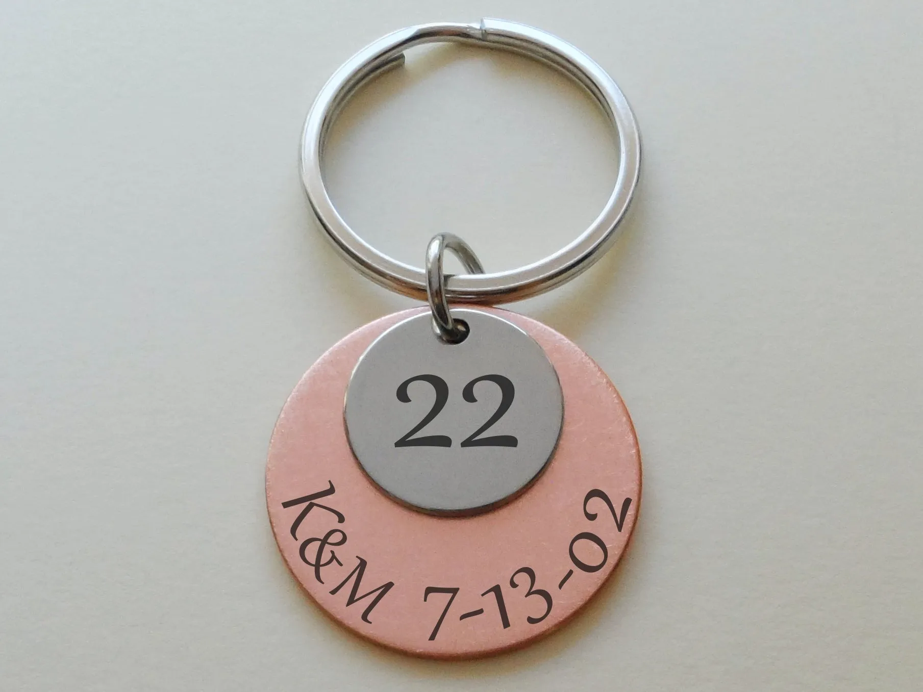 Custom Engraved Copper Disc with 22 Charm Keychain, 22 Year Anniversary Gift Keychain, Personalized Engraved Keychain