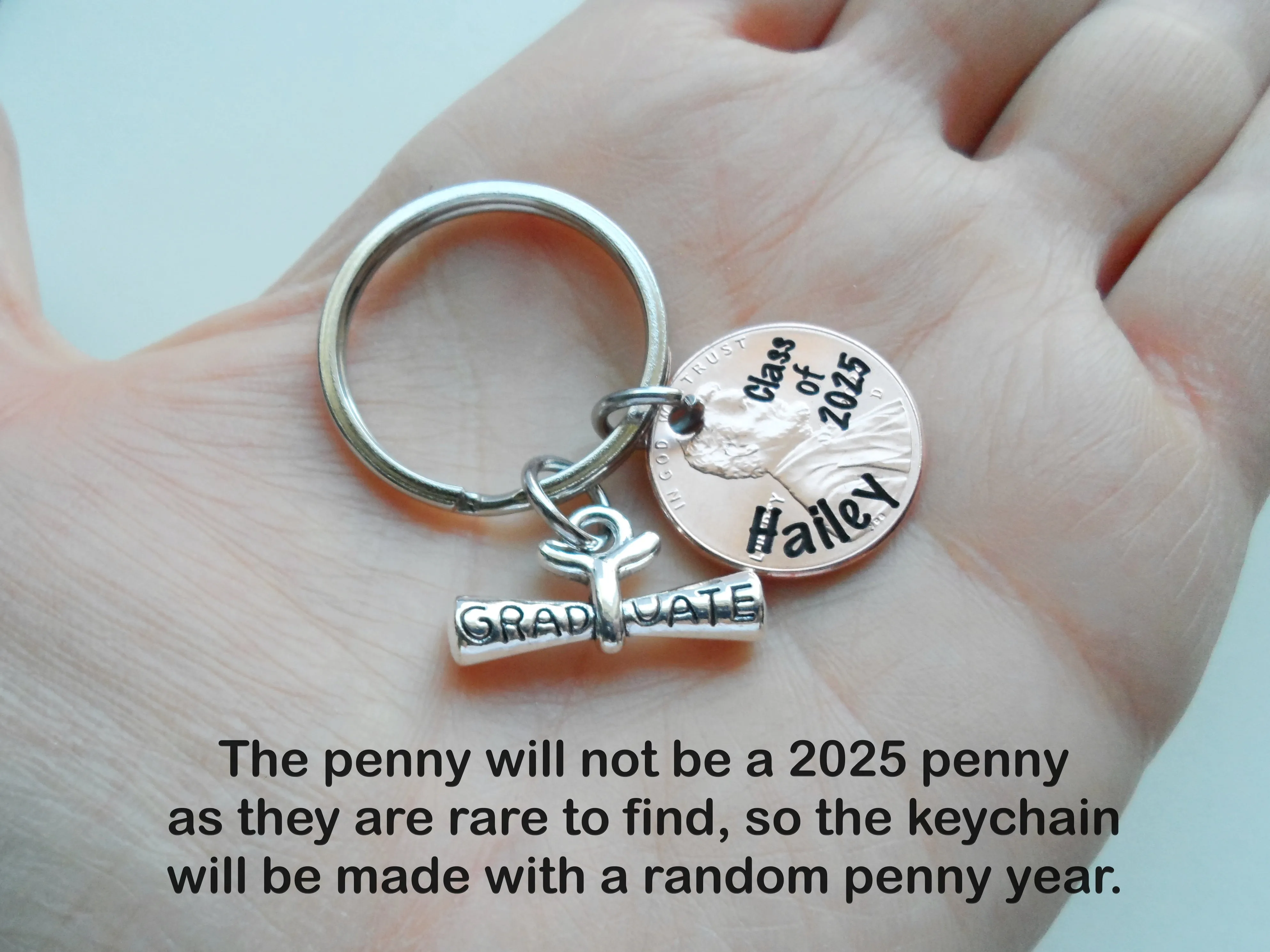Custom Engraved "Class of 2025" and Name on Penny Keychain with Gradute Scroll Charm, Personalized Graduate Keychain, For Graduation