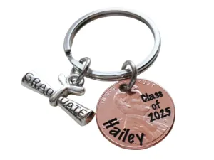 Custom Engraved "Class of 2025" and Name on Penny Keychain with Gradute Scroll Charm, Personalized Graduate Keychain, For Graduation
